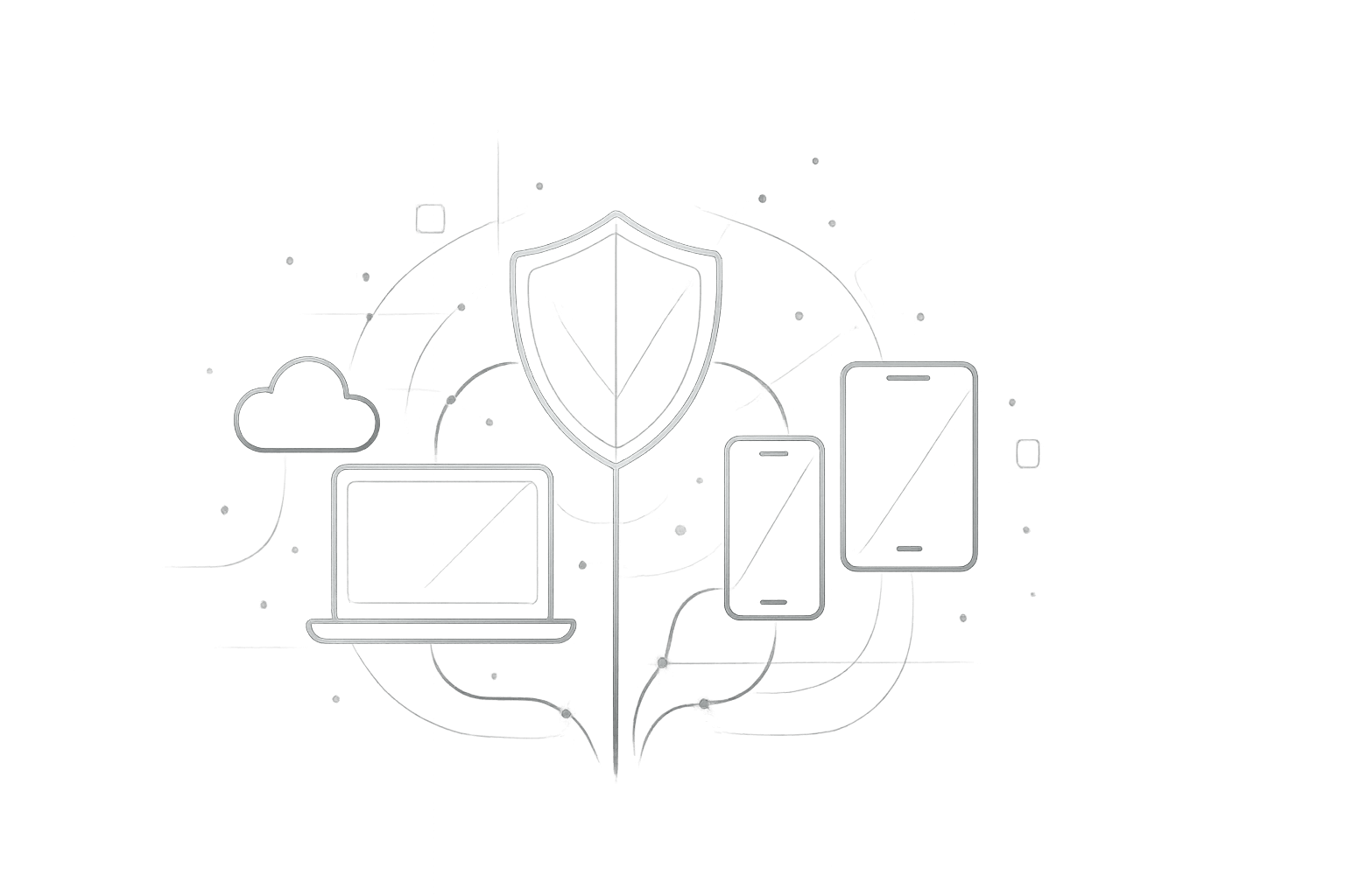 Line-art illustration of a central security shield connected to a laptop, smartphones, and a cloud icon, symbolizing professional device management and cybersecurity services