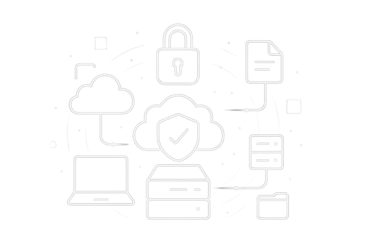 Line-art illustration of a central cloud with a security shield and checkmark, connected to a padlock, server stacks, and data folders, representing secure backup and data protection services
