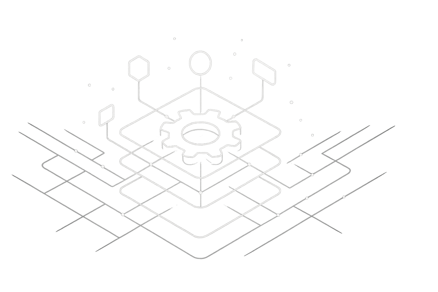 Isometric line-art illustration of a central gear on a layered platform with circuit connections, representing scalable tech stack architecture and IT system integration
